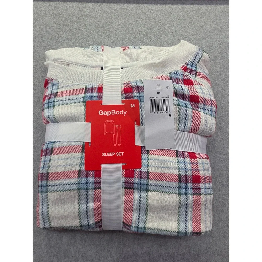 GapBody Womens Ivory Plaid Waffle Knit Thermal Pajama Sleep Set‎ Medium NEW